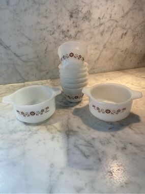 Set of Vintage Dynaware Pyr-O-Rey White Milk Glass Bowls w/Brown Floral Design